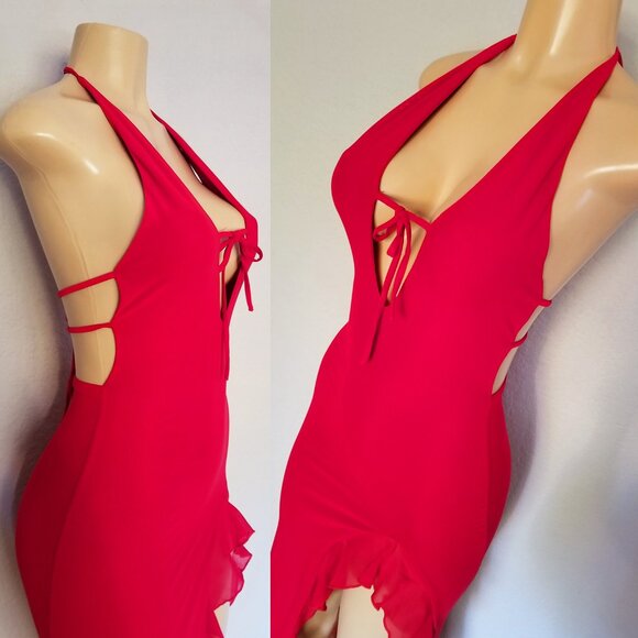 White Fox Boutique Day By Day Maxi Dress in Cherry Red XS Slit Ruffle Plunge Tie - Picture 5 of 11